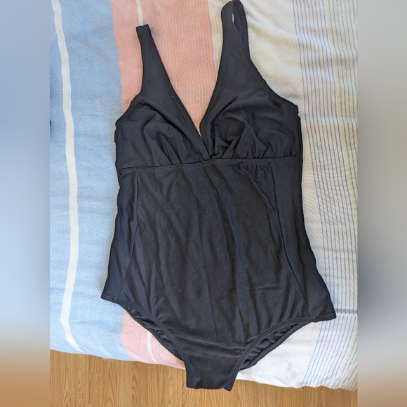 Black V-Neck Low Back One Piece Bathing suit - Picture 2 of 11